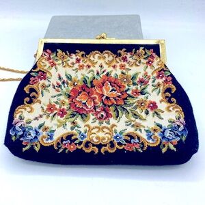 Vintage Walborg Petit Point Floral Tapestry Black Purse  Clutch Evening Bag